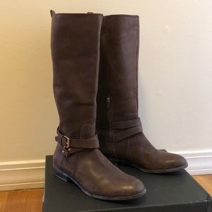 Brown distressed leather wide calf boots